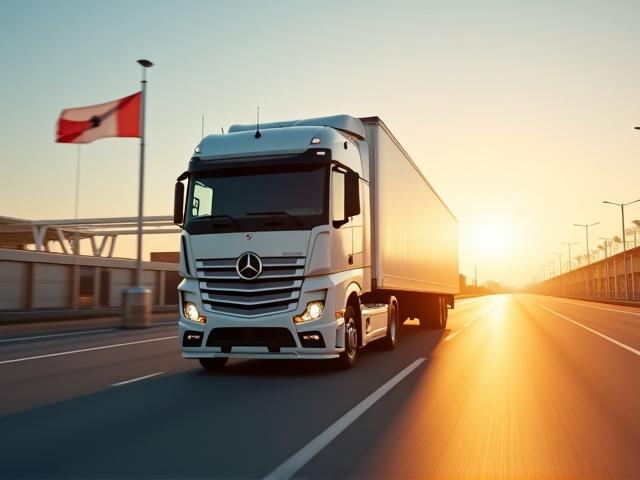 Heavy duty truck crossing the international border at a secure logistics facility