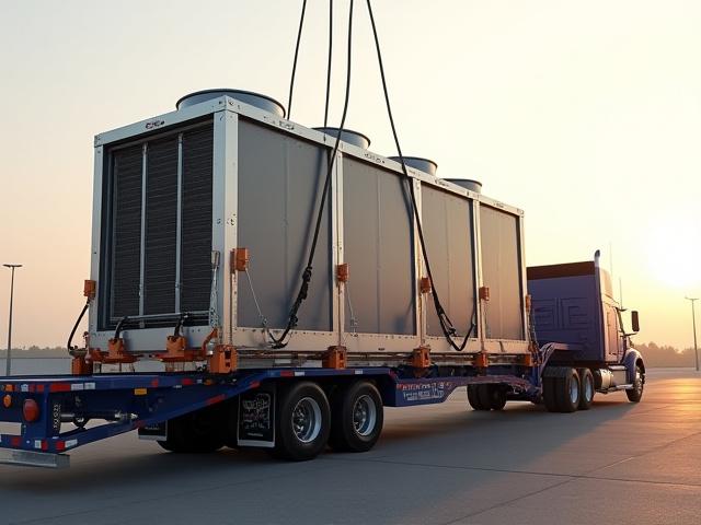 Specialized heavy equipment for data center cooling being loaded on a trailer