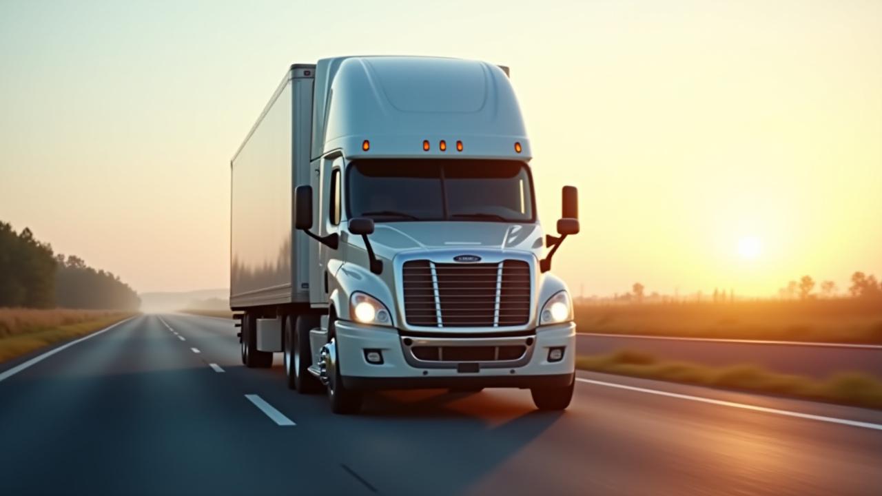 Modern refrigerated trailer with frost detail on a highway at dawn