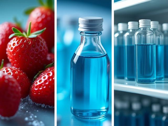 Collage showing fresh strawberries, pharmaceutical vials, and chilled artisan juices