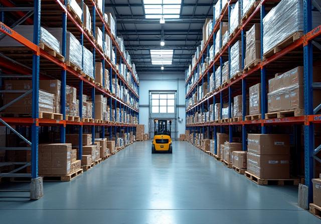 Modern warehouse interior with forklifts and organized supply chain operations